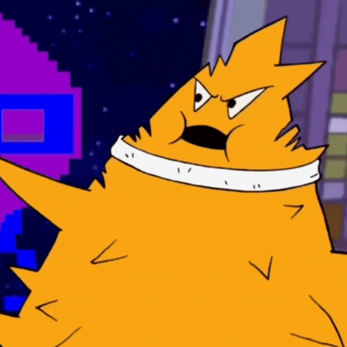 a cartoon character with a white scarf around his neck has a very angry look on his face