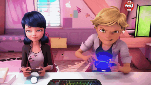 a boy and a girl are playing a video game and the boy is angry