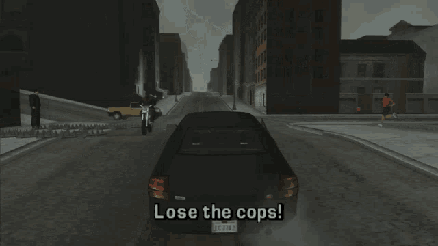 a video game screen shows a car driving down a street and the words lose the cops