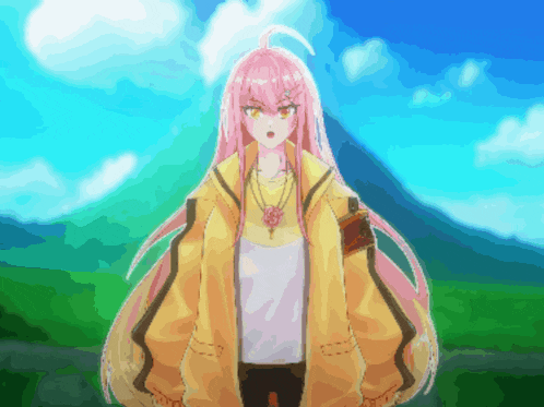 a pixel art of a girl with long pink hair and a yellow jacket