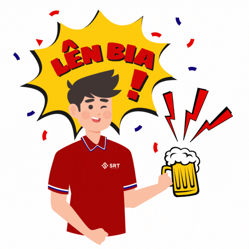 a man wearing a red shirt that says srt is holding a beer