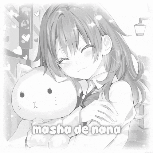 a black and white drawing of a girl hugging a cat with masha de nana written on the bottom right