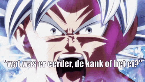 a close up of a person 's face with the words wat was ereerder de kank of het ei
