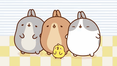 three cartoon rabbits and a chick are standing next to each other on a checkered floor .
