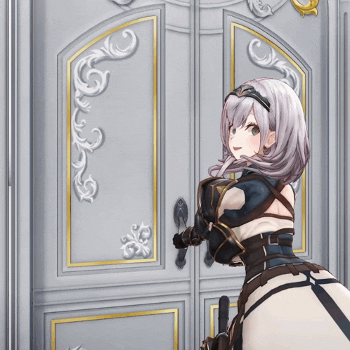 a girl with gray hair is standing in front of a white door