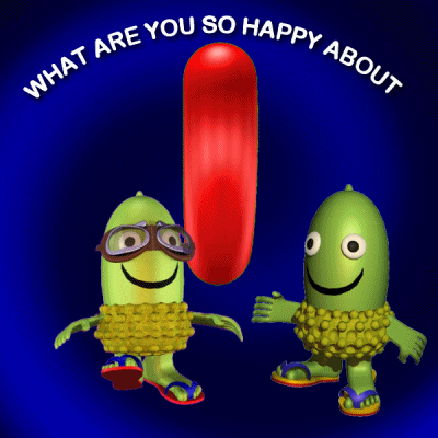 two green cartoon characters standing next to a large red heart that says happy