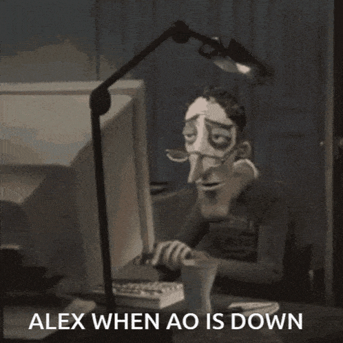 a cartoon character sitting in front of a computer with the text alex when ao is down