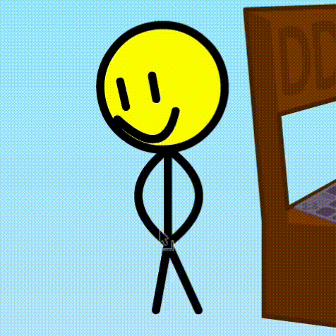 a stick figure with a smiley face on his face is tied up next to a arcade machine .