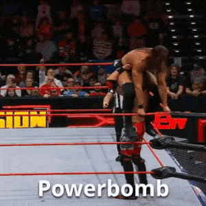 a wrestler is being lifted in the air by another wrestler in a wrestling ring that says powerbomb