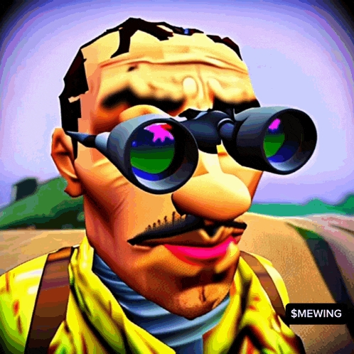 a cartoon of a man wearing binoculars with the word smewing on the bottom