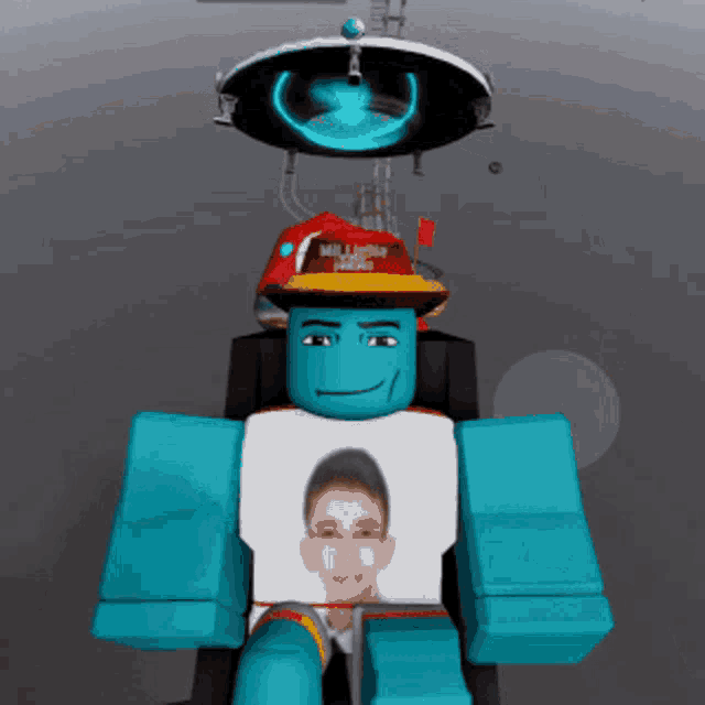 a blue robot wearing a red hat that says " millionaires club "