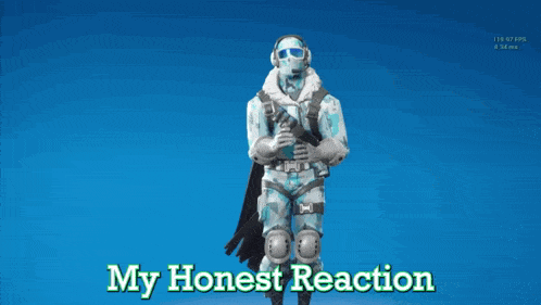 a video game character says " my honest reaction " while standing in front of a blue background