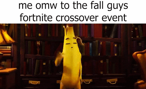 a banana is standing on its hind legs in front of a bookshelf in a room .