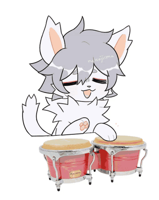 a drawing of a cat playing a pair of drums