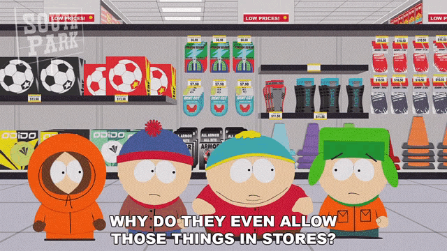 a group of south park characters are standing in front of a soccer display