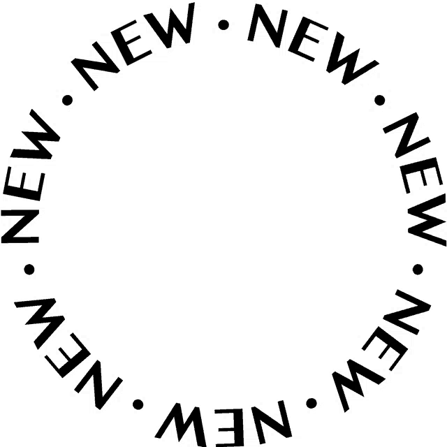 a black circle with the words new written in it