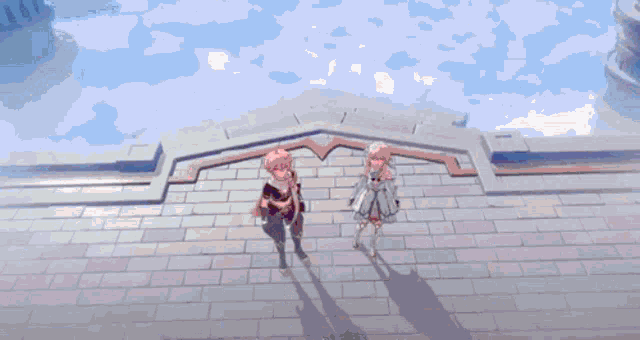 a couple of people standing in front of a building with a red light coming out of the sky