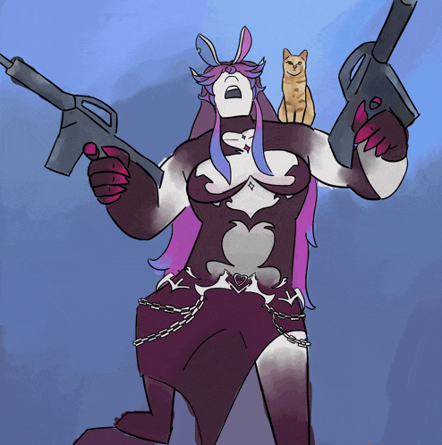 a cartoon drawing of a woman holding two guns with a cat on her head