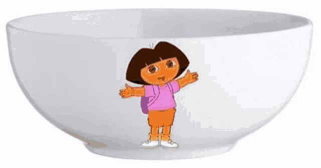 a white bowl with a dora the explorer cartoon on it .