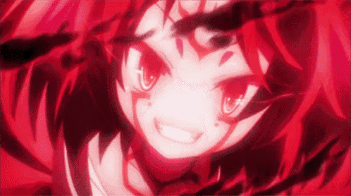 a close up of a cartoon character with red hair and black eyes