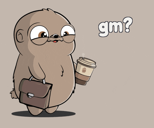 a cartoon sloth with a briefcase holding a cup of coffee and the words not before coffee