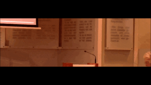 a man with a beard is speaking into a microphone in front of a podium