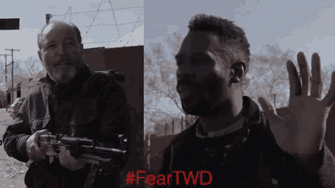 a man holding a gun next to another man with the hashtag #feartwd on the bottom