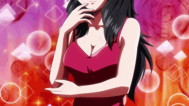 a woman in a red dress stands with her arms crossed