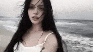 a woman with long black hair is standing on the beach looking at the camera .