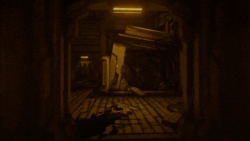 a black and white drawing of a room with a brick floor and a doorway