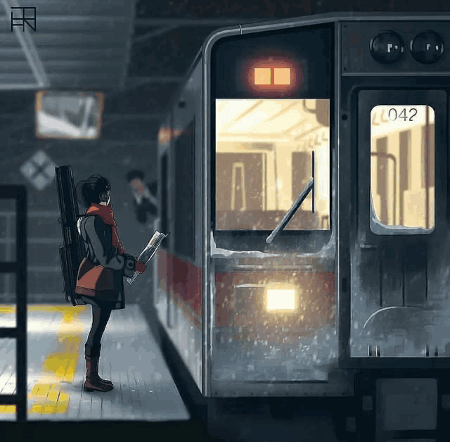 a person standing in front of a train that has the number 042 on it