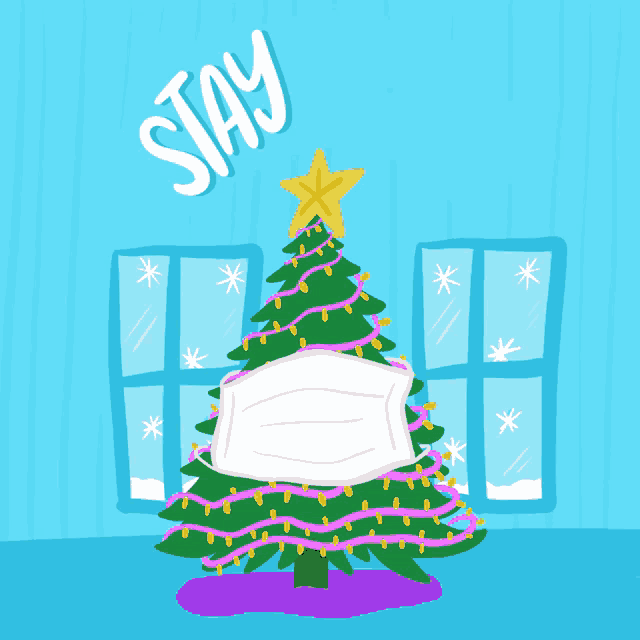 an illustration of a christmas tree with a face mask on it