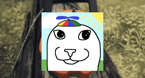 a drawing of a cat with a rainbow hat