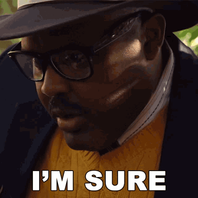 a man wearing glasses and a hat is saying i 'm sure