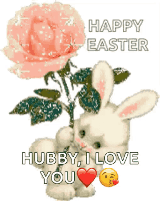 a bunny is holding a pink rose and saying happy easter hubby i love you .