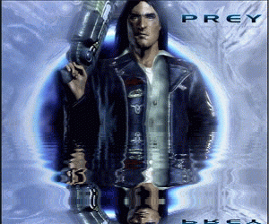 a man in a leather jacket is holding a gun and the word prey is on the bottom