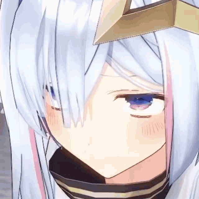 a close up of a anime girl 's face with white hair and blue eyes .