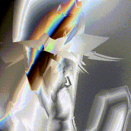 a painting of a person with a rainbow behind them