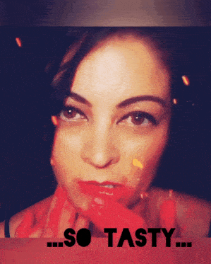 a woman with red lipstick on her lips and the words so tasty
