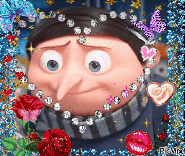 a picture of gru from despicable me with flowers and butterflies around his face