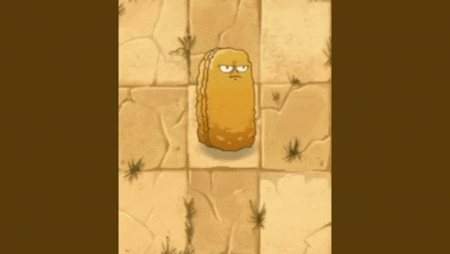 a cartoon chicken nugget is standing on a tiled floor .