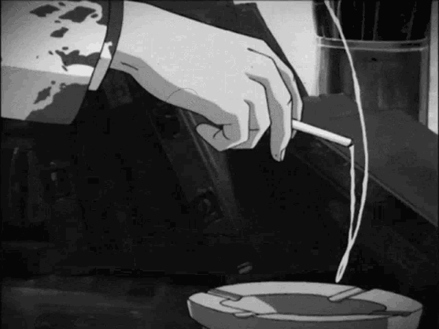 a black and white drawing of a person lighting a cigarette in an ashtray