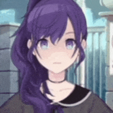 a girl with purple hair and blue eyes is wearing a choker and a ponytail .