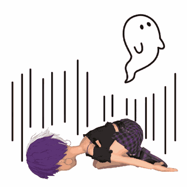 a cartoon girl with purple hair is laying on her stomach with a ghost behind her