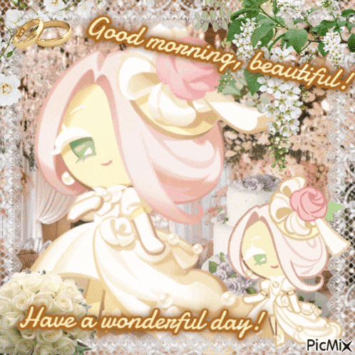 a picture of a bride with the words good morning beautiful have a wonderful day
