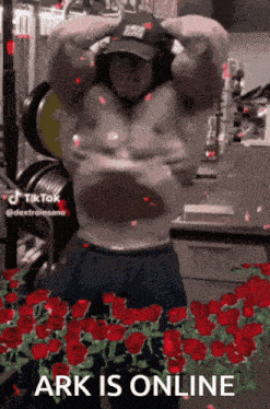 a picture of a muscular man with roses and the words ark is online