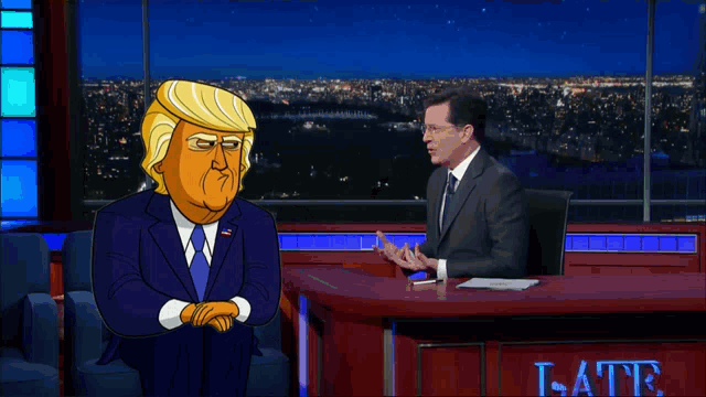 a cartoon of donald trump in a suit and tie