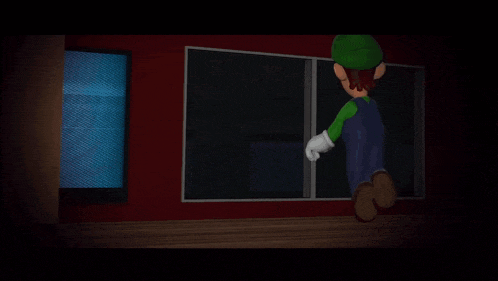 a cartoon character wearing a green hat and gloves is standing on a tiled floor