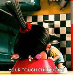 a little girl is sitting in a red bowl with a lollipop in her hair and says `` your tough childhood '' .