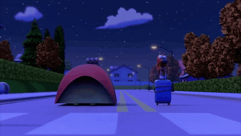 a cartoon character is walking down a street with a suitcase and a tent